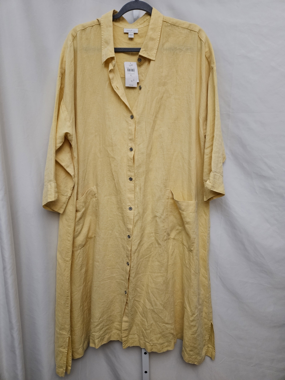 NWT Light Yellow Linen 3/4 Sleeve Button-Front Shirt Dress